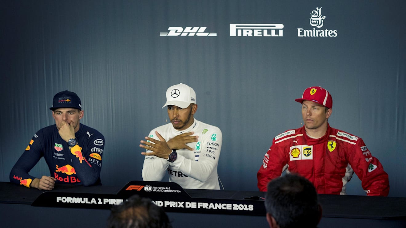 (L to R): Max Verstappen (NED) Red Bull Racing, Lewis Hamilton (GBR) Mercedes-AMG F1 and Kimi Raikkonen (FIN) Ferrari in the Press Conference at Formula One World Championship, Rd8, French Grand Prix, Race, Paul Ricard, France, Sunday 24 June 2018. © Manu