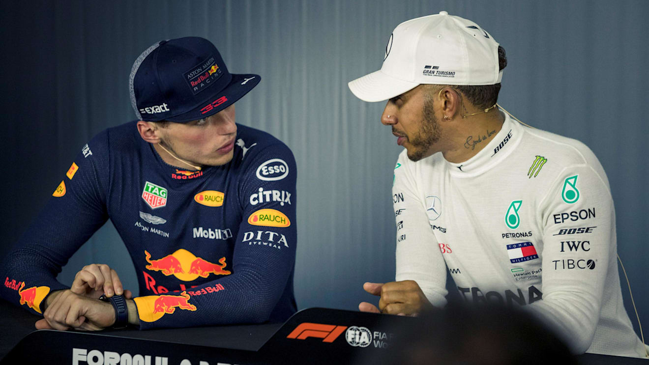 Max Verstappen (NED) Red Bull Racing and Lewis Hamilton (GBR) Mercedes-AMG F1 in the Press Conference at Formula One World Championship, Rd8, French Grand Prix, Race, Paul Ricard, France, Sunday 24 June 2018. © Manuel Goria/Sutton Images