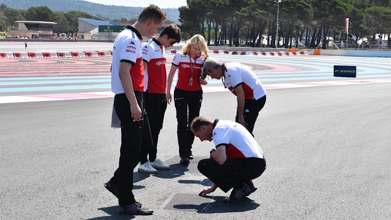Charles Leclerc (MON) Alfa Romeo Sauber F1 Team walks the track with Xevi Pujolar (ESP) Alfa Romeo Sauber F1 Team Head of Track Engineering and Ruth Buscombe (GBR) Alfa Romeo Sauber F1 Team Race Strategist at Formula One World Championship, Rd8, French Grand Prix, Preparations, Paul Ricard, France, Thursday 21 June 2018. © Mark Sutton/Sutton Images