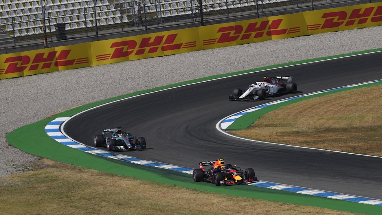 Max Verstappen (NED) Red Bull Racing RB14, Lewis Hamilton (GBR) Mercedes-AMG F1 W09 EQ Power+ and Charles Leclerc (MON) Alfa Romeo Sauber C37 at Formula One World Championship, Rd11, German Grand Prix, Practice, Hockenheim, Germany, Friday 20 July 2018. © Jerry Andre/Sutton Images