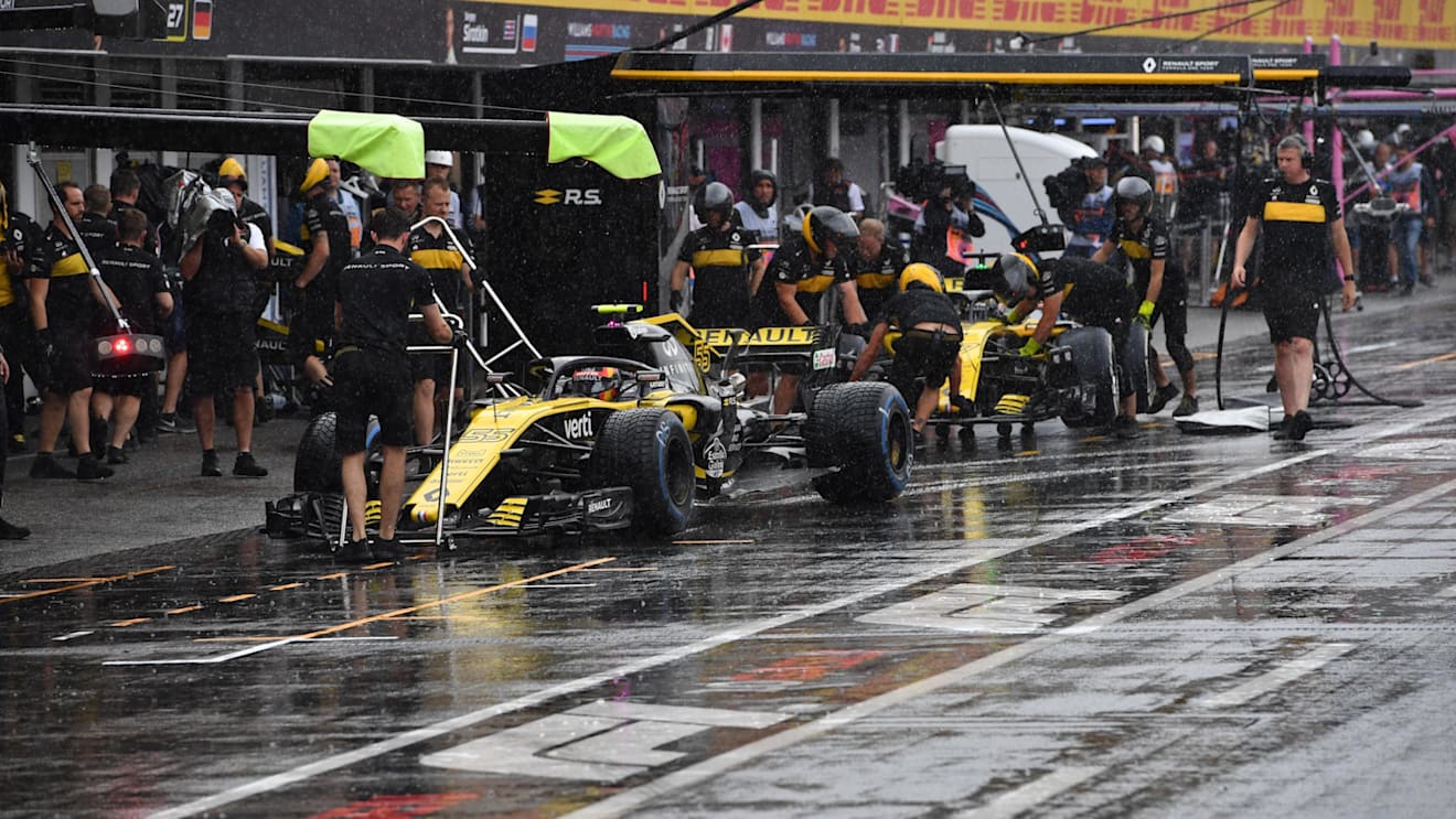 Carlos Sainz (ESP) Renault Sport F1 Team RS18 and Nico Hulkenberg (GER) Renault Sport F1 Team RS18 at Formula One World Championship, Rd11, German Grand Prix, Practice, Hockenheim, Germany, Friday 20 July 2018. © Jerry Andre/Sutton Images