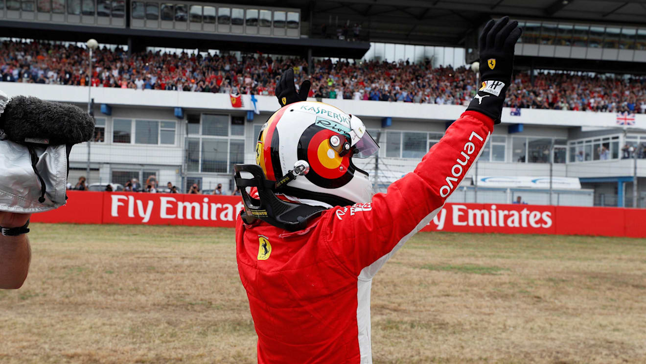 Pole sitter Sebastian Vettel (GER) Ferrari celebrates in parc ferme at Formula One World Championship, Rd11, German Grand Prix, Qualifying, Hockenheim, Germany, Saturday 21 July 2018. © Steven Tee/LAT/Sutton Images