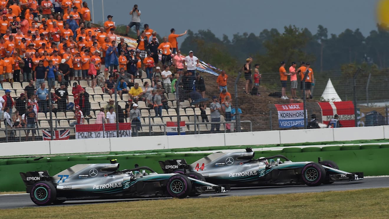 Race Winner Lewis Hamilton (GBR) Mercedes-AMG F1 and Valtteri Bottas (FIN) Mercedes-AMG F1 at Formula One World Championship, Rd11, German Grand Prix, Race, Hockenheim, Germany, Sunday 22 July 2018. © Jose Rubio/Sutton Images