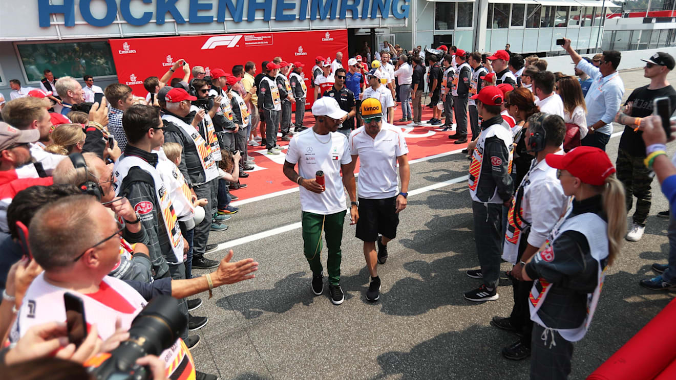 Lewis Hamilton (GBR) Mercedes-AMG F1 and Fernando Alonso (ESP) McLaren on the drivers parade Formula One World Championship, Rd11, German Grand Prix, Race, Hockenheim, Germany, Sunday 22 July 2018. © Manuel Goria/Sutton Images