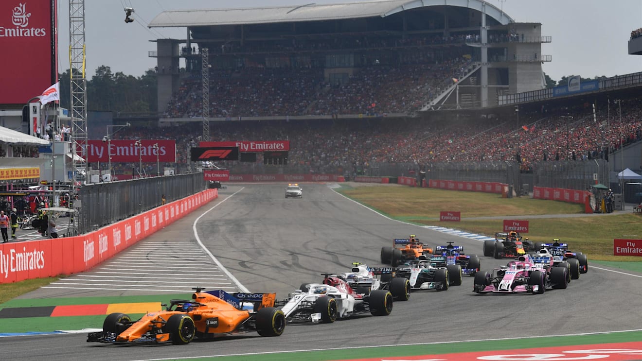 Fernando Alonso (ESP) McLaren MCL33 at the start of the race at Formula One World Championship, Rd11, German Grand Prix, Race, Hockenheim, Germany, Sunday 22 July 2018. © Mark Sutton/Sutton Images