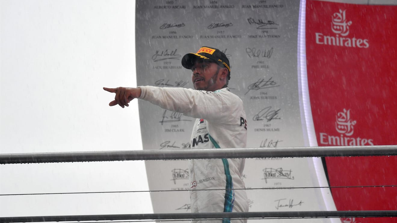 Race winner Lewis Hamilton (GBR) Mercedes-AMG F1 celebrates on the podium at Formula One World Championship, Rd11, German Grand Prix, Race, Hockenheim, Germany, Sunday 22 July 2018. © Mark Sutton/Sutton Images