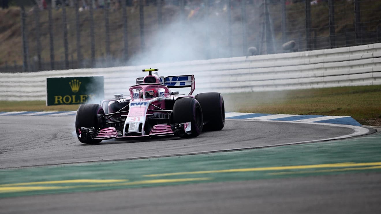 Esteban Ocon (FRA) Force India VJM11 locks up at Formula One World Championship, Rd11, German Grand Prix, Race, Hockenheim, Germany, Sunday 22 July 2018. © Jerry Andre/Sutton Images