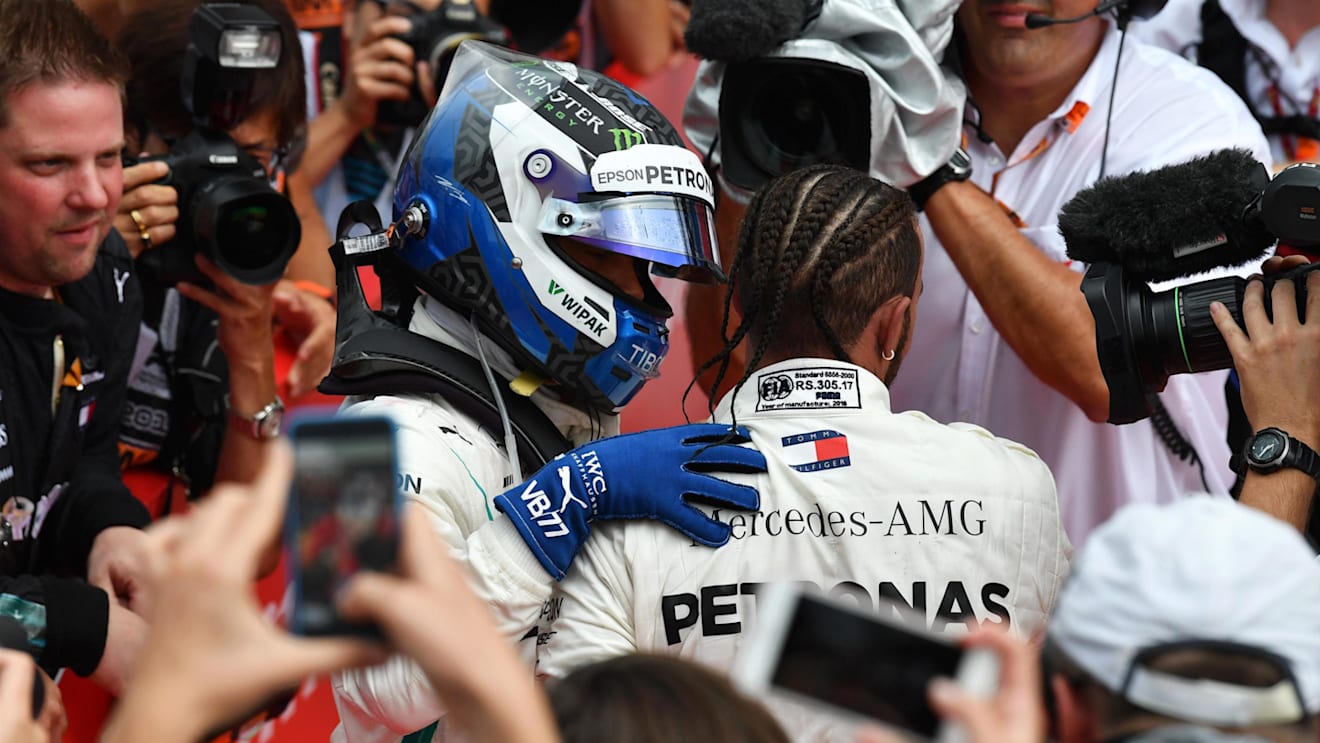 Race winner Lewis Hamilton (GBR) Mercedes-AMG F1 celebrates in parc ferme with Valtteri Bottas (FIN) Mercedes-AMG F1 at Formula One World Championship, Rd11, German Grand Prix, Race, Hockenheim, Germany, Sunday 22 July 2018. © Mark Sutton/Sutton Images