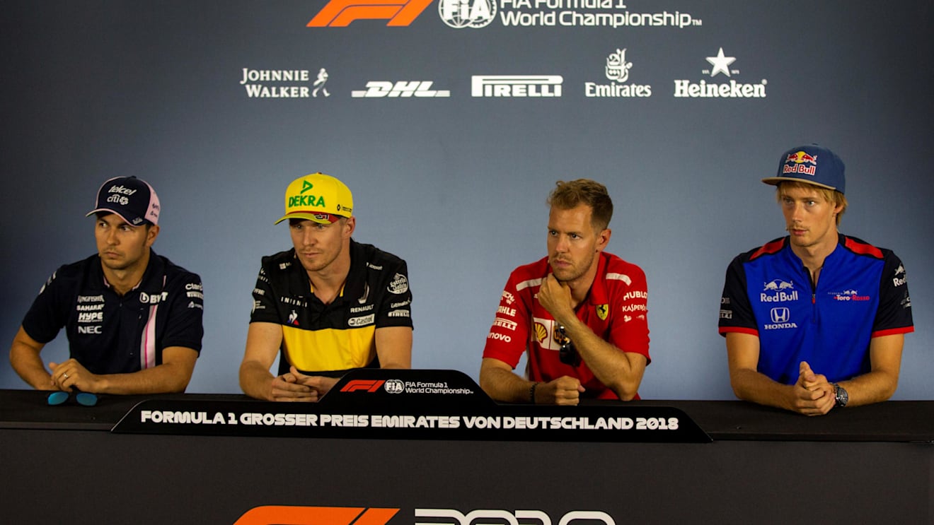 (L to R): Sergio Perez (MEX) Force India, Nico Hulkenberg (GER) Renault Sport F1 Team, Sebastian Vettel (GER) Ferrari and Pierre Gasly (FRA) Scuderia Toro Rosso in the Press Conference at Formula One World Championship, Rd11, German Grand Prix, Preparations, Hockenheim, Germany, Thursday 19 July 2018. © Manuel Goria/Sutton Images