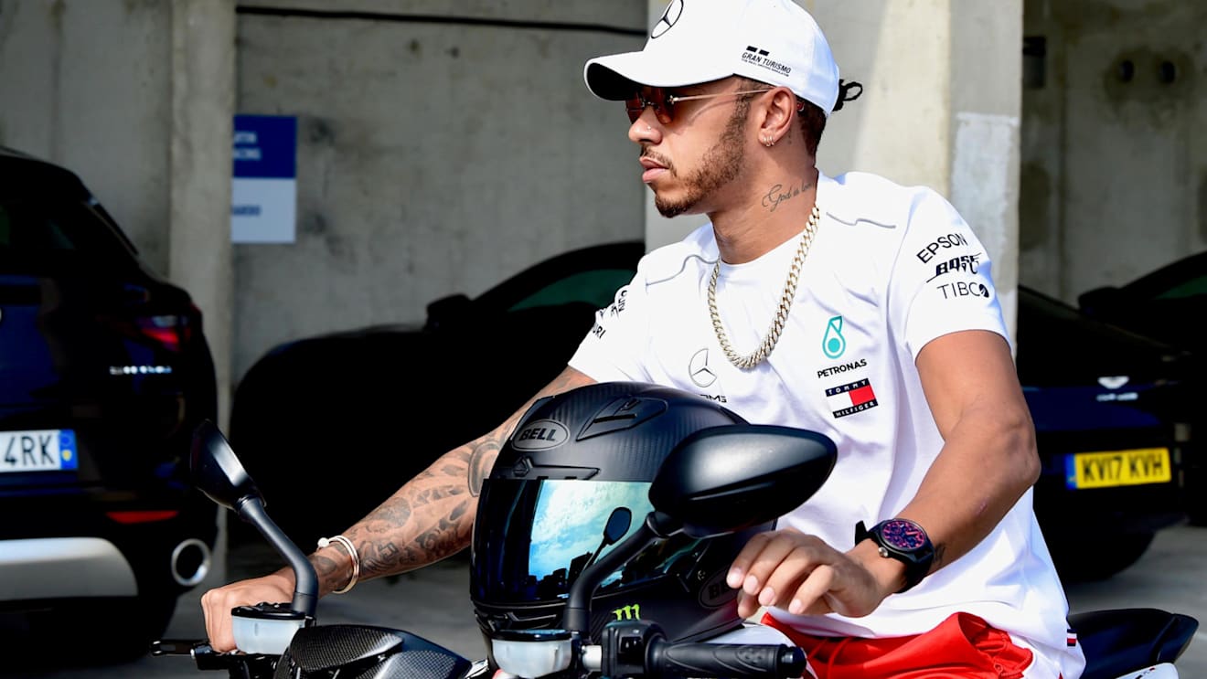 Lewis Hamilton (GBR) Mercedes-AMG F1 on his MV Agusta motorbike at Formula One World Championship, Rd12, Hungarian Grand Prix, Practice, Hungaroring, Hungary, Friday 27 July 2018. © Jerry Andre/Sutton Images