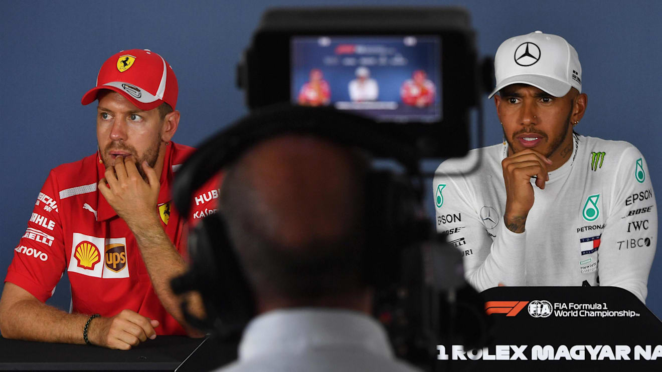 Sebastian Vettel (GER) Ferrari and Lewis Hamilton (GBR) Mercedes-AMG F1 in the Press Conference at Formula One World Championship, Rd12, Hungarian Grand Prix, Race, Hungaroring, Hungary, Sunday 29 July 2018. © Mark Sutton/Sutton Images