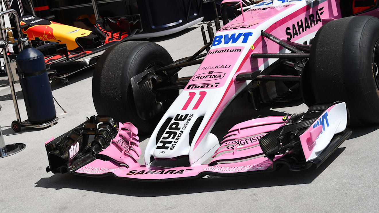Force India VJM11 nose and front wing at Formula One World Championship, Rd12, Hungarian Grand Prix, Preparations, Hungaroring, Hungary, Thursday 26 July 2018. © Mark Sutton/Sutton Images