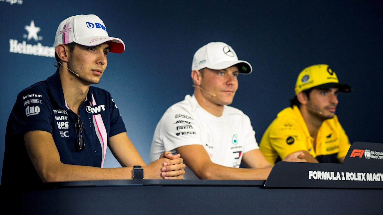 (L to R): Esteban Ocon (FRA) Force India F1, Valtteri Bottas (FIN) Mercedes-AMG F1 and Carlos Sainz jr (ESP) Renault Sport F1 Team in the Press Conference at Formula One World Championship, Rd12, Hungarian Grand Prix, Preparations, Hungaroring, Hungary, Thursday 26 July 2018. © Manuel Goria/Sutton Images