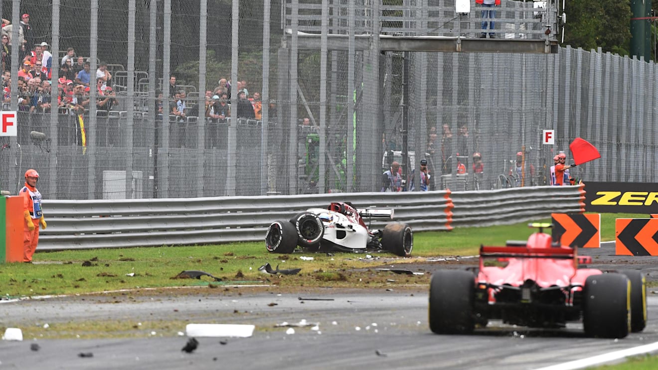 The crashed car of Marcus Ericsson, Alfa Romeo Sauber C37 in FP2 at Formula One World Championship, Rd14, Italian Grand Prix, Practice, Monza, Italy, Friday 31 August 2018. © Mark Sutton/Sutton Images