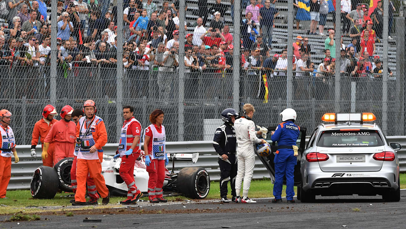 Marcus Ericsson, Alfa Romeo Sauber F1 Team at the Medical Car following his big crash in FP2 at Formula One World Championship, Rd14, Italian Grand Prix, Practice, Monza, Italy, Friday 31 August 2018. © Mark Sutton/Sutton Images