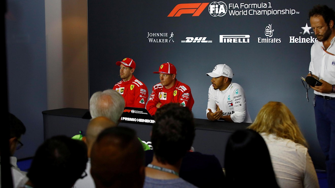 (L to R): Sebastian Vettel, Ferrari, Kimi Raikkonen, Ferrari and Lewis Hamilton, Mercedes AMG F1 in press conferenceat Formula One World Championship, Rd14, Italian Grand Prix, Qualifying, Monza, Italy, Saturday 1 September 2018. © Manuel Goria/Sutton Images