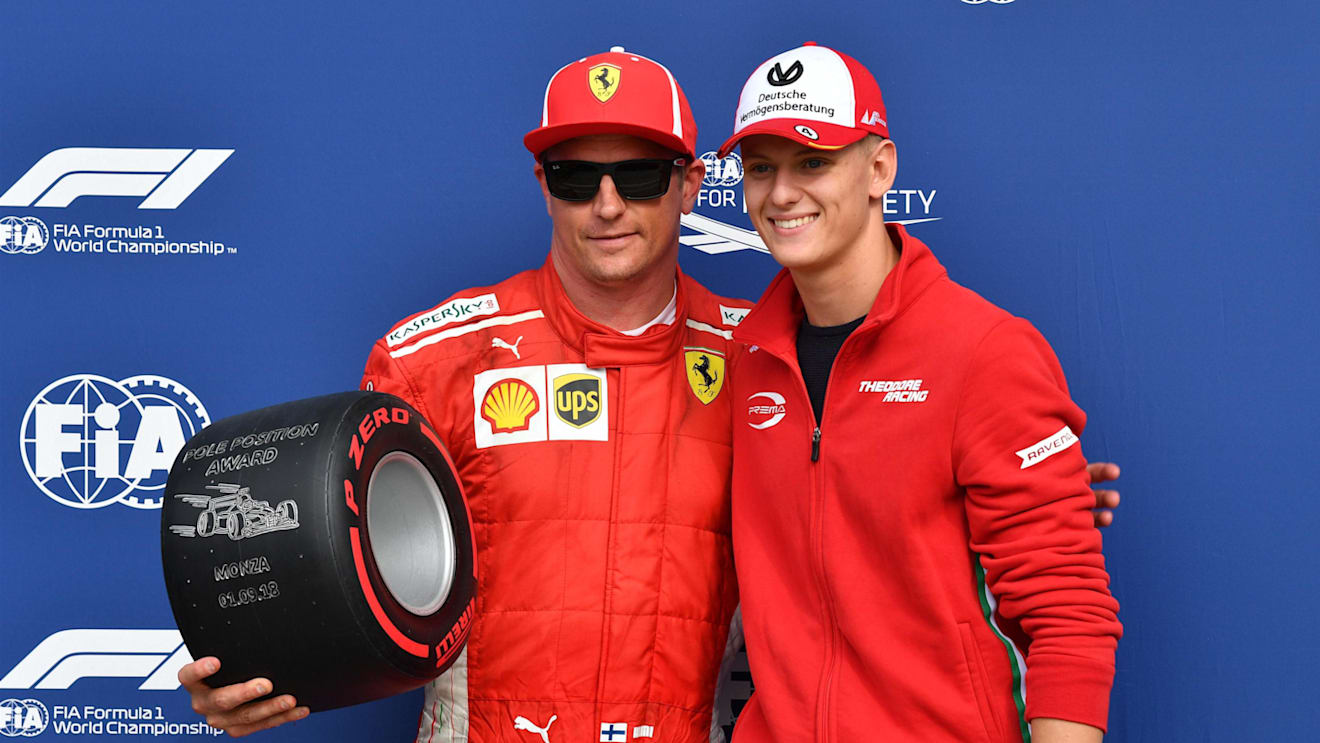 Mick Shcumacher presents the Pirelli Pole Position Award to Kimi Raikkonen, Ferrari at Formula One World Championship, Rd14, Italian Grand Prix, Qualifying, Monza, Italy, Saturday 1 September 2018. © Mark Sutton/Sutton Images