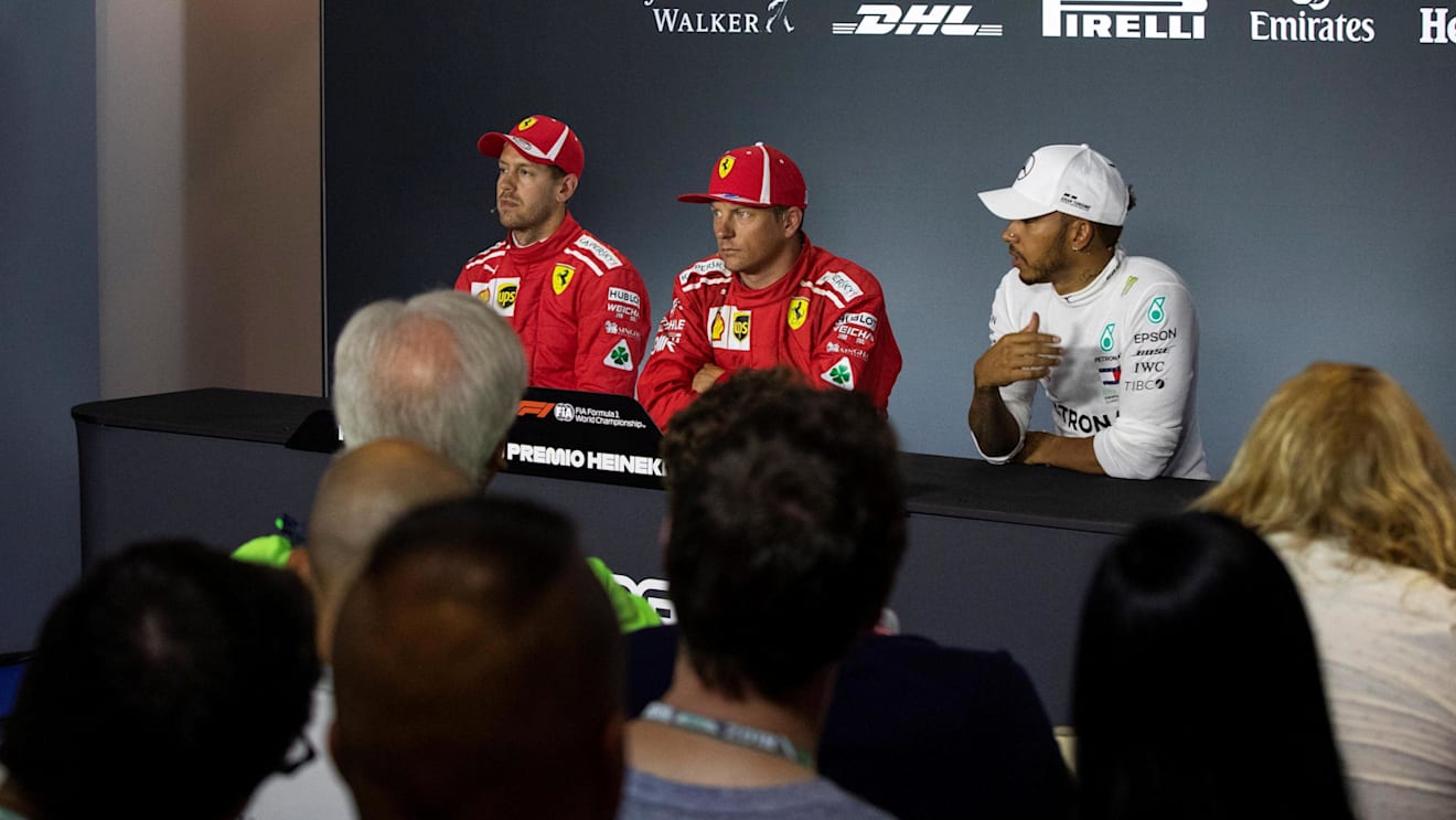 Sebastian Vettel, Ferrari, Kimi Raikkonen, Ferrari and Lewis Hamilton, Mercedes AMG F1 in the Press Conference at Formula One World Championship, Rd14, Italian Grand Prix, Qualifying, Monza, Italy, Saturday 1 September 2018. © Manuel Goria/Sutton Images