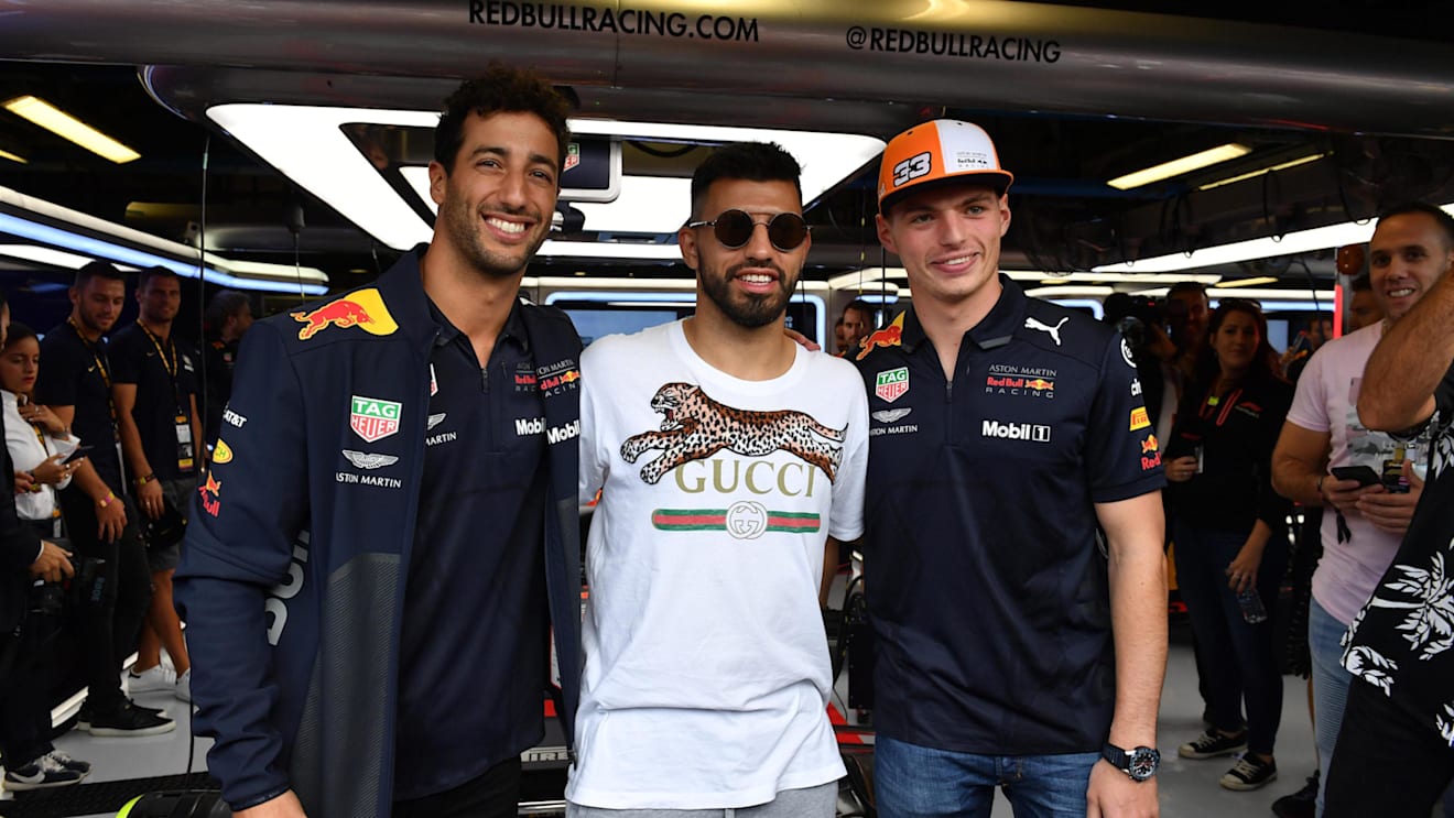 Sergio Aguero, Footballer with Daniel Ricciardo, Red Bull Racing and Max Verstappen, Red Bull Racing at Formula One World Championship, Rd14, Italian Grand Prix, Race, Monza, Italy, Sunday 2 September 2018. © Mark Sutton/Sutton Images