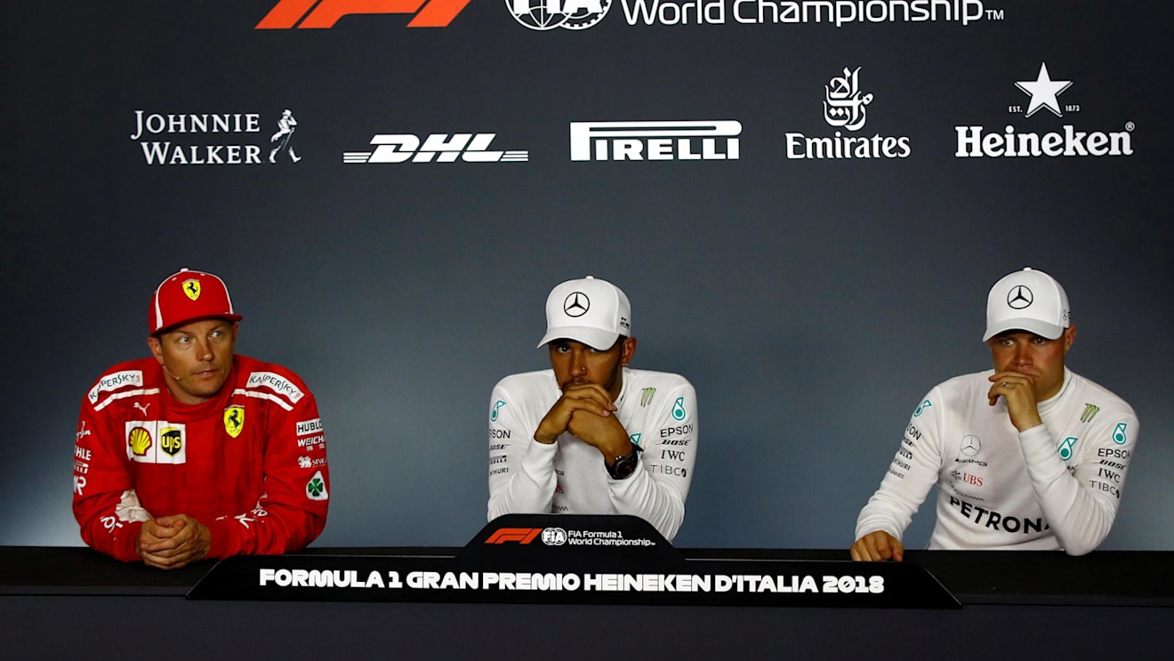 Kimi Raikkonen, Ferrari, Lewis Hamilton, Mercedes AMG F1 and Valtteri Bottas, Mercedes AMG F1 in the Press Conference at Formula One World Championship, Rd14, Italian Grand Prix, Race, Monza, Italy, Sunday 2 September 2018. © Mark Sutton/Sutton Images