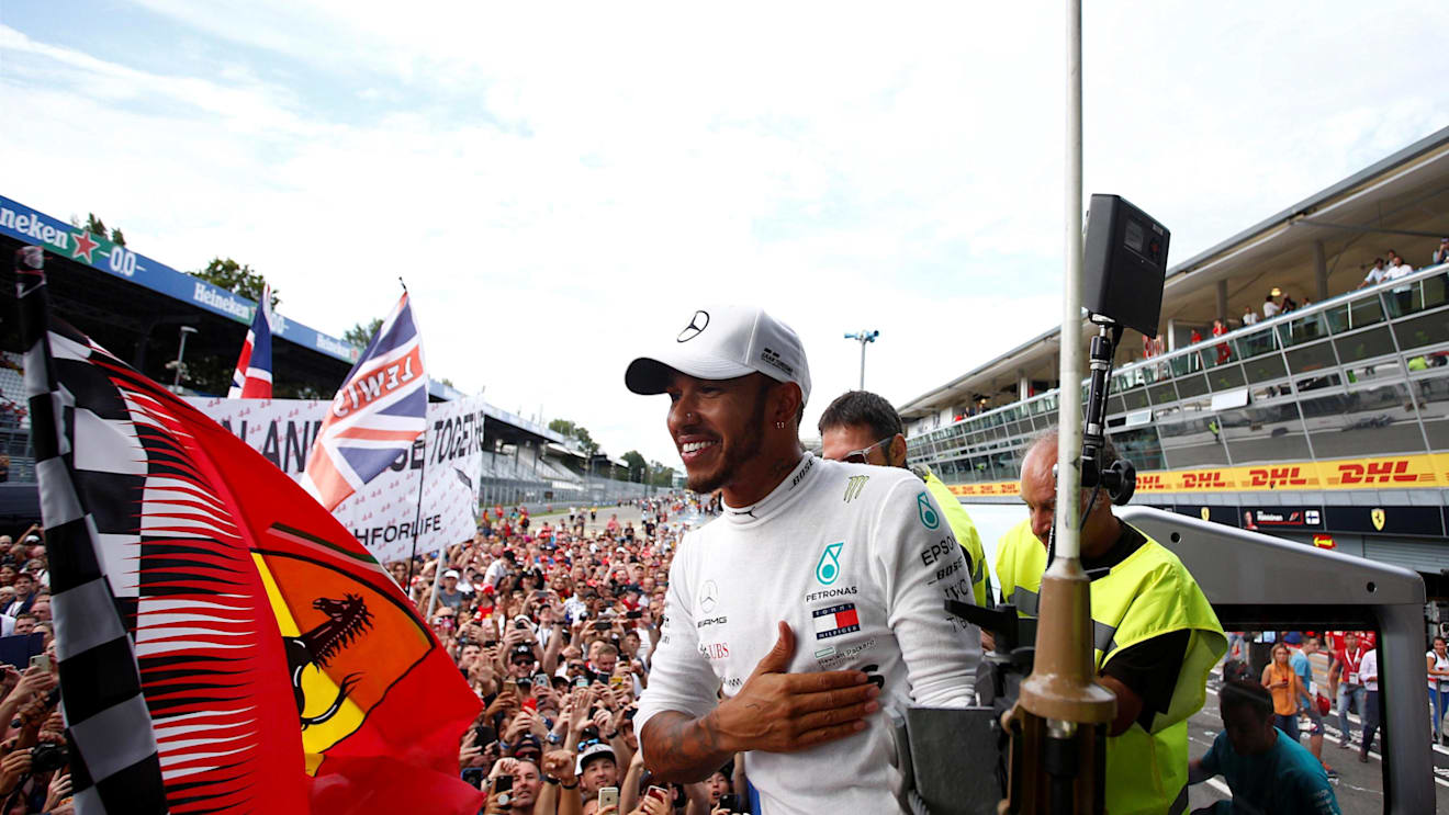 Race winner Lewis Hamilton, Mercedes AMG F1 celebrates with the fans at Formula One World Championship, Rd14, Italian Grand Prix, Race, Monza, Italy, Sunday 2 September 2018. © Manuel Goria/Sutton Images