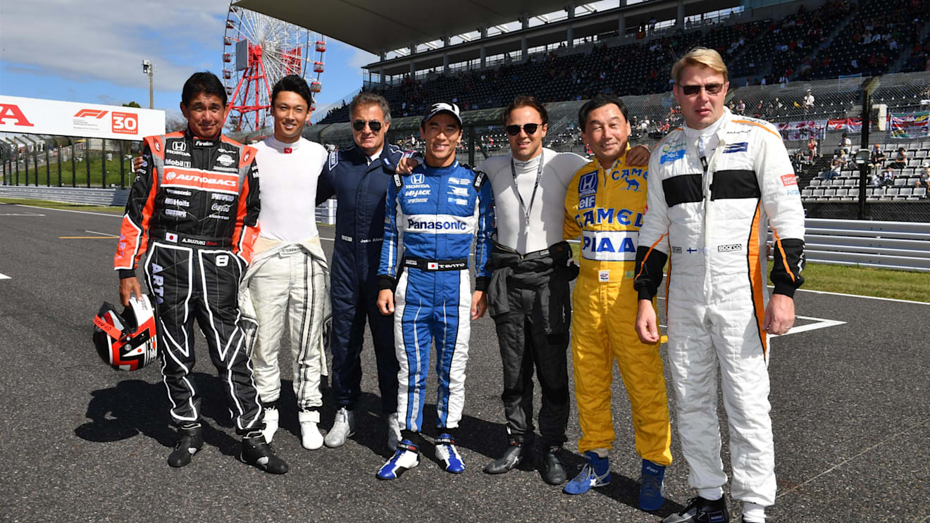 (L to R): Jean Alesi, Kazuki Nakajima, Aguri Suzuki, Takuma Sato, Satoru Nakajima and Mika Hakkinen at Legends F1 30th Anniversary Lap Demonstration at Formula One World Championship, Rd17, Japanese Grand Prix, Race, Suzuka, Japan, Sunday 7 October 2018.