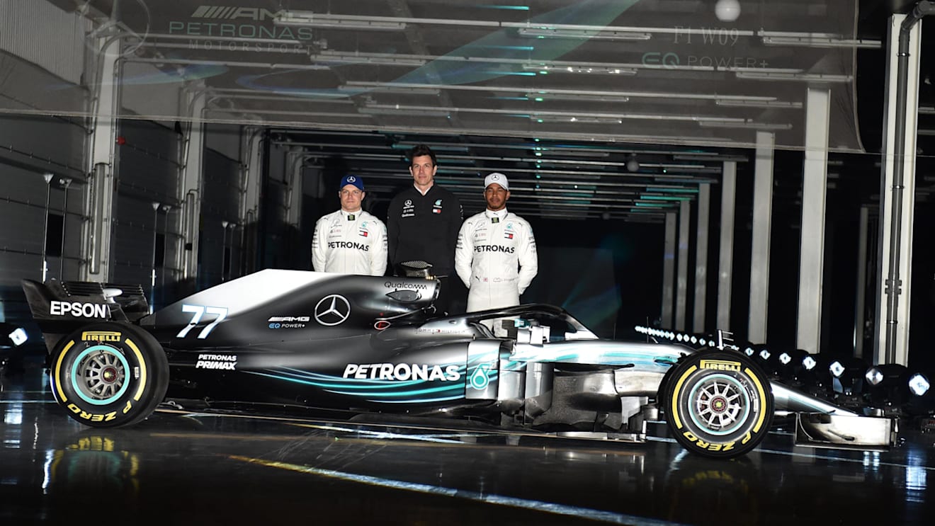 Valtteri Bottas (FIN) Mercedes-AMG F1, Toto Wolff (AUT) Mercedes AMG F1 Director of Motorsport and Lewis Hamilton (GBR) Mercedes-AMG F1 at Mercedes-AMG F1 W09 EQ Power+ Launch and First Run, Silverstone, England, 22 February 2018. © Simon Galloway/Sutton