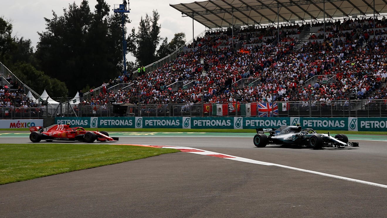 Valtteri Bottas, Mercedes-AMG F1 W09 EQ Power+ leads Kimi Raikkonen, Ferrari SF71H at Formula One World Championship, Rd19, Mexican Grand Prix, Race, Circuit Hermanos Rodriguez, Mexico City, Mexico, Sunday 28 October 2018.