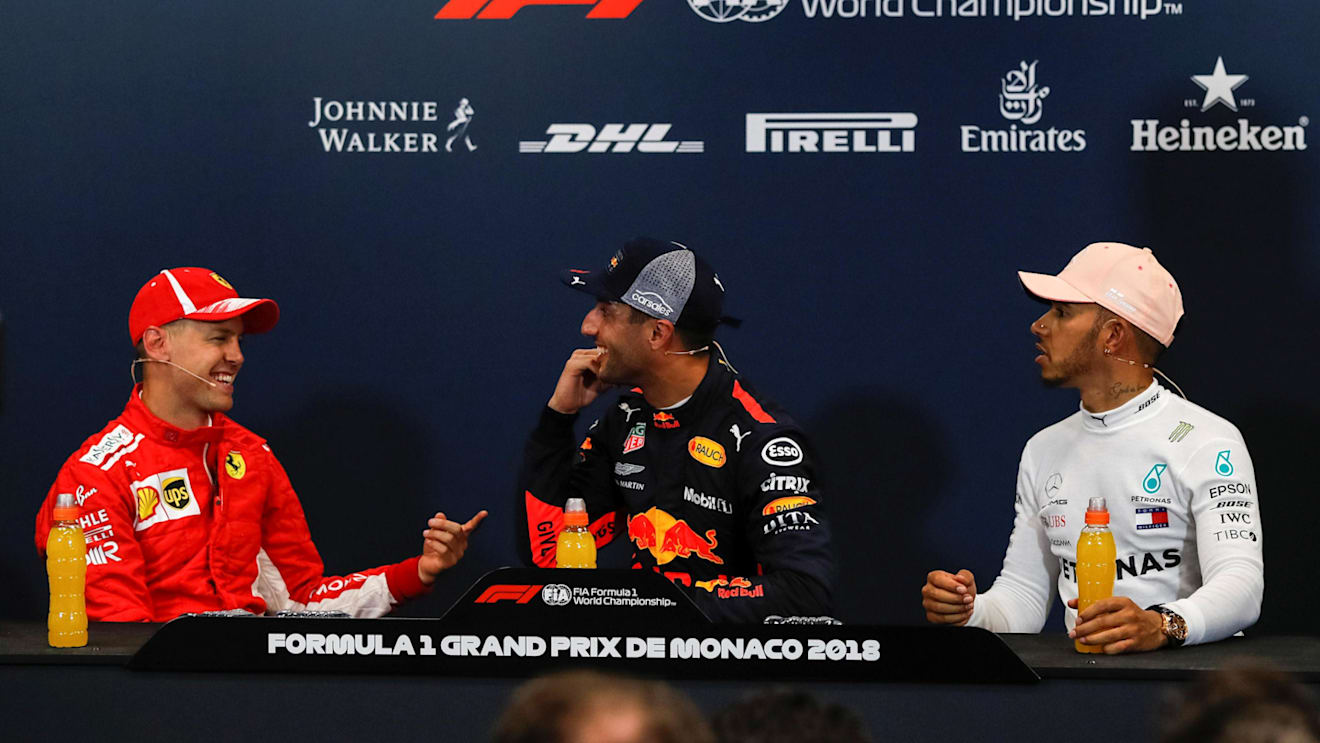 Sebastian Vettel (GER) Ferrari, Daniel Ricciardo (AUS) Red Bull Racing and Lewis Hamilton (GBR) Mercedes-AMG F1 in the Press Conference at Formula One World Championship, Rd6, Monaco Grand Prix, Qualifying, Monte-Carlo, Monaco, Saturday 26 May 2018. © Manuel Goria/Sutton Images