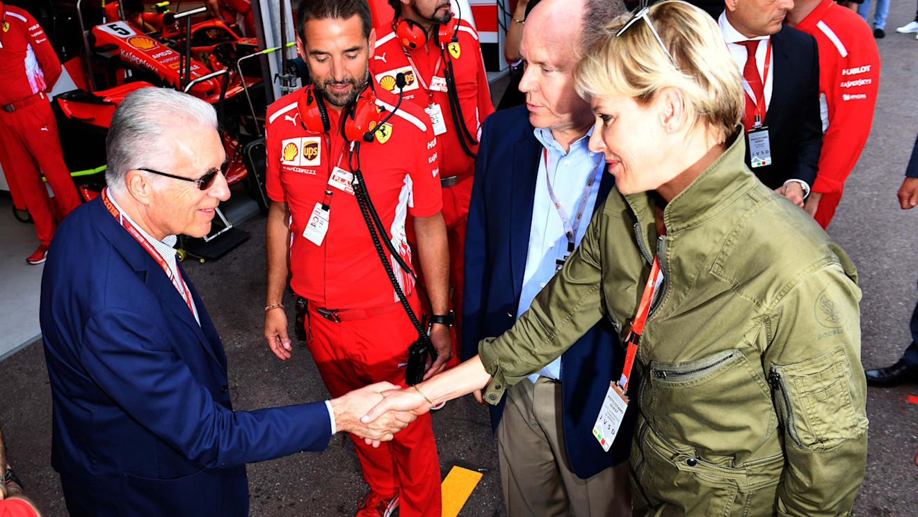 Piero Lardi Ferrari (ITA) Ferrari Vice President, HSH Prince Albert of Monaco (MON) and Princess Charlene of Monaco, Charlene Wittstock (RSA) at Formula One World Championship, Rd6, Monaco Grand Prix, Qualifying, Monte-Carlo, Monaco, Saturday 26 May 2018. © Mark Sutton/Sutton Images