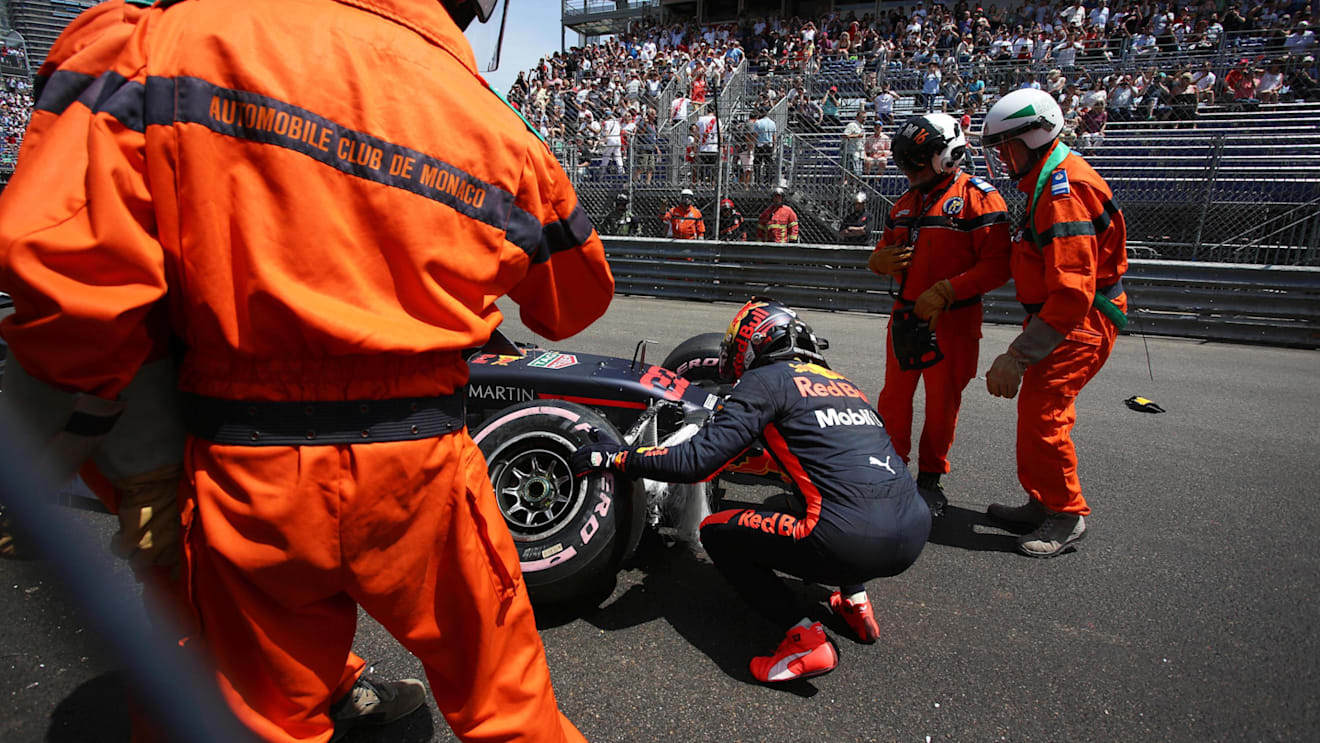 Max Verstappen (NED) Red Bull Racing RB14 crashed in FP3 at Formula One World Championship, Rd6, Monaco Grand Prix, Qualifying, Monte-Carlo, Monaco, Saturday 26 May 2018. © Jerry Andre/Sutton Images