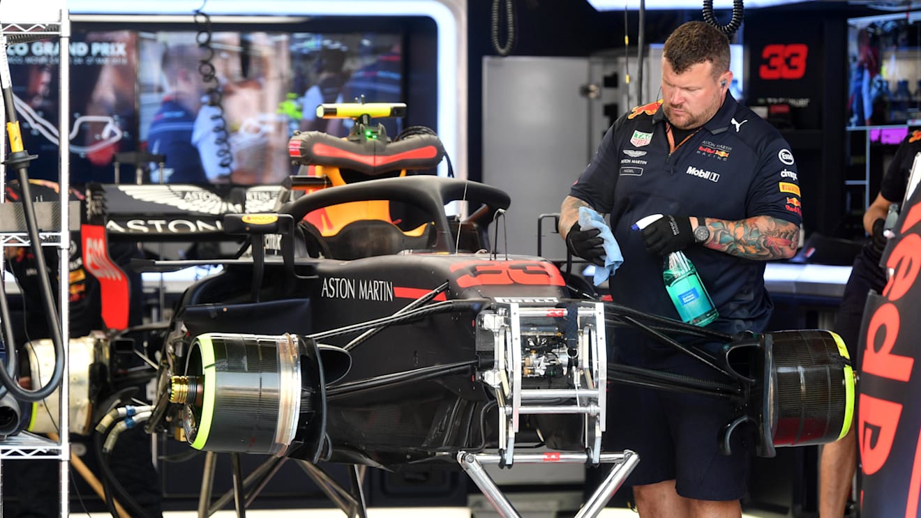 The car of Max Verstappen (NED) Red Bull Racing RB14 in the garage during Qualifying at Formula One World Championship, Rd6, Monaco Grand Prix, Qualifying, Monte-Carlo, Monaco, Saturday 26 May 2018. © Mark Sutton/Sutton Images
