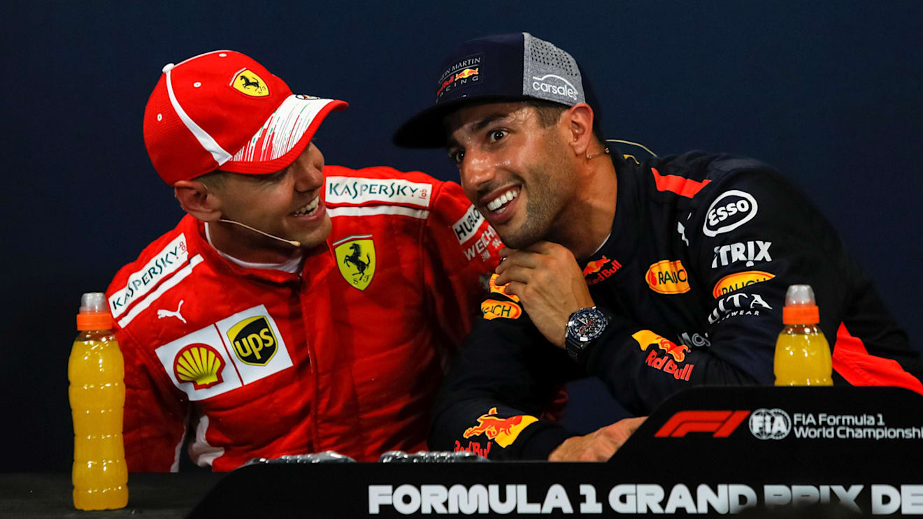 Sebastian Vettel (GER) Ferrari and Daniel Ricciardo (AUS) Red Bull Racing in the Press Conference at Formula One World Championship, Rd6, Monaco Grand Prix, Qualifying, Monte-Carlo, Monaco, Saturday 26 May 2018. © Manuel Goria/Sutton Images