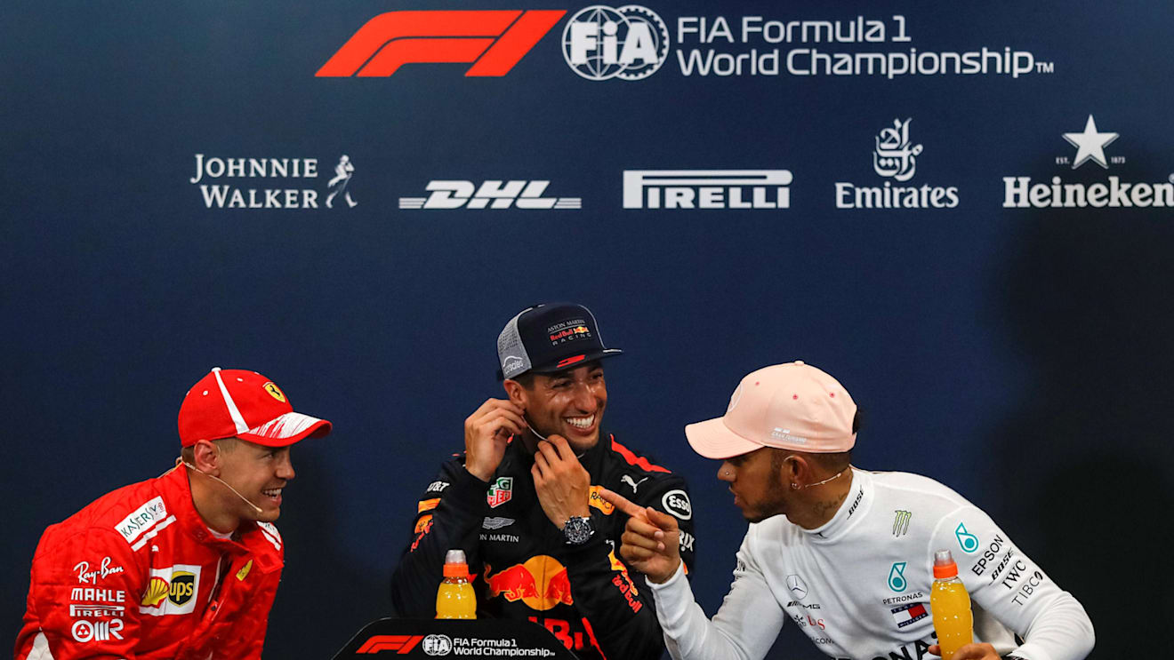 Vettel (GER) Ferrari, Ricciardo (AUS) Red Bull Racing and Hamilton (GBR) Mercedes-AMG F1 in the Press Conference at F1 World Championship, Rd6, Monaco Grand Prix, Qualifying, Monte-Carlo, Monaco, Saturday 26 May 2018. © Manuel Goria/Sutton Images