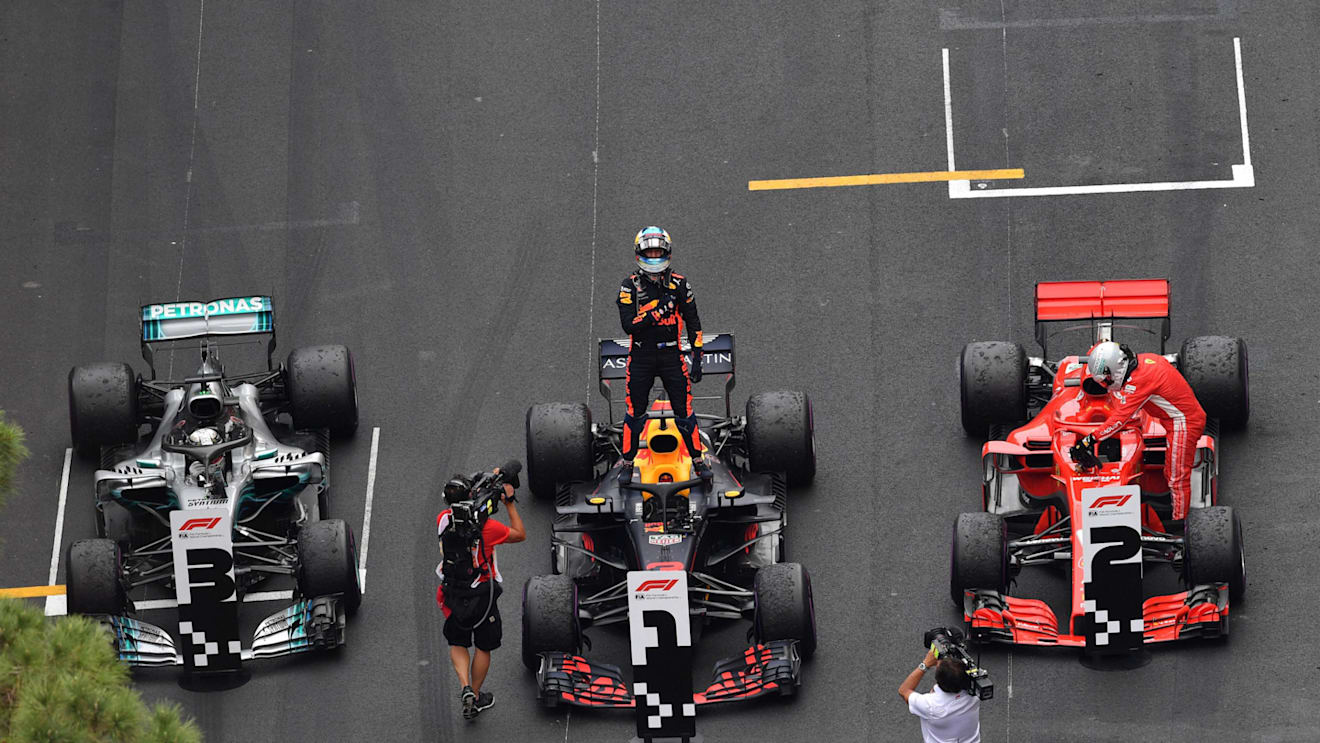 Race winner Daniel Ricciardo (AUS) Red Bull Racing RB14 celebrates in parc ferme with Lewis Hamilton (GBR) Mercedes-AMG F1 W09 EQ Power+ and Sebastian Vettel (GER) Ferrari SF-71H at Formula One World Championship, Rd6, Monaco Grand Prix, Race, Monte-Carlo