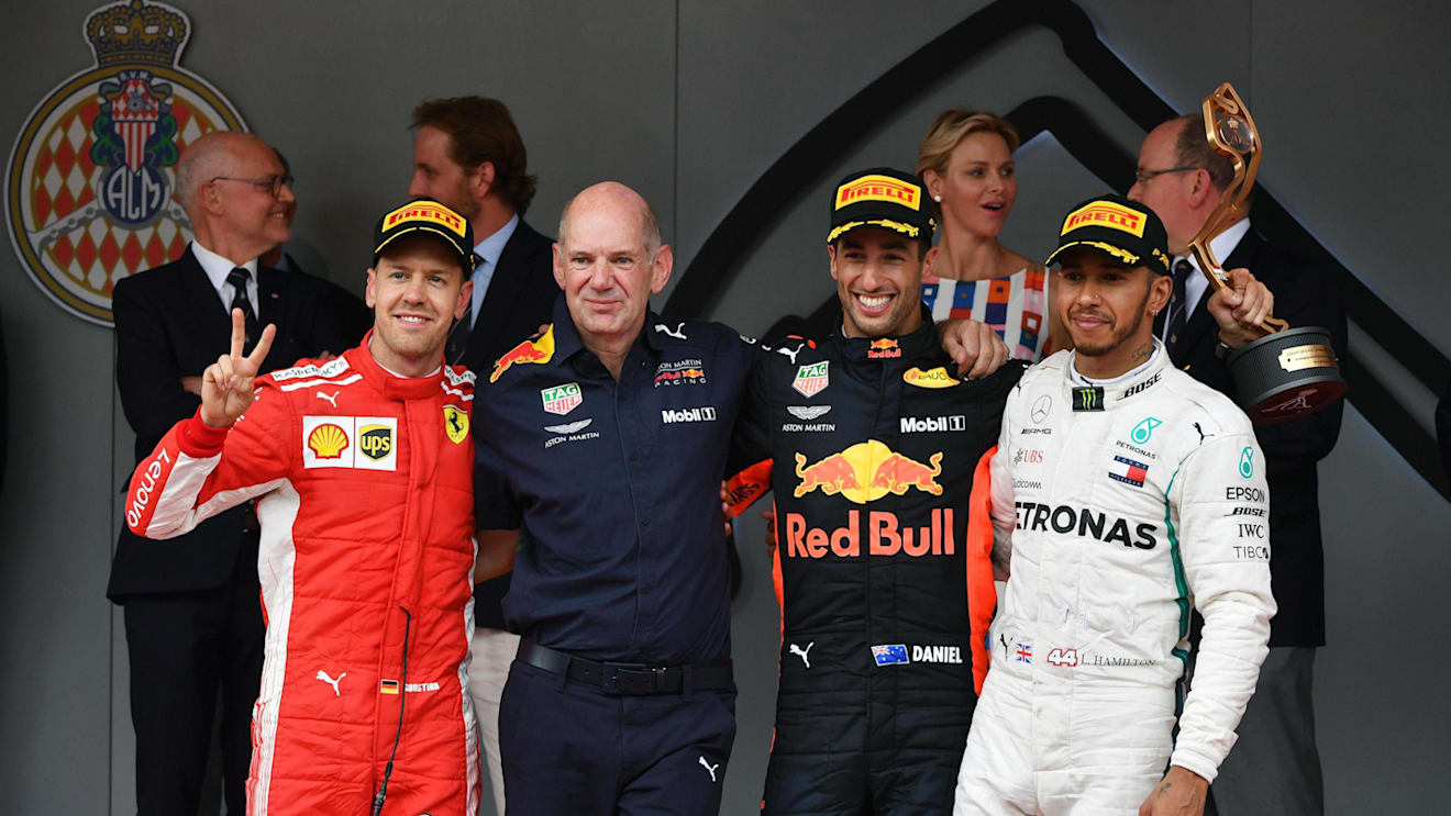 (L to R): Sebastian Vettel (GER) Ferrari, Adrian Newey (GBR) Red Bull Racing, Daniel Ricciardo (AUS) Red Bull Racing and Lewis Hamilton (GBR) Mercedes-AMG F1 celebrate on the podium at Formula One World Championship, Rd6, Monaco Grand Prix, Race, Monte-Carlo, Monaco, Sunday 27 May 2018. © Mark Sutton/Sutton Images