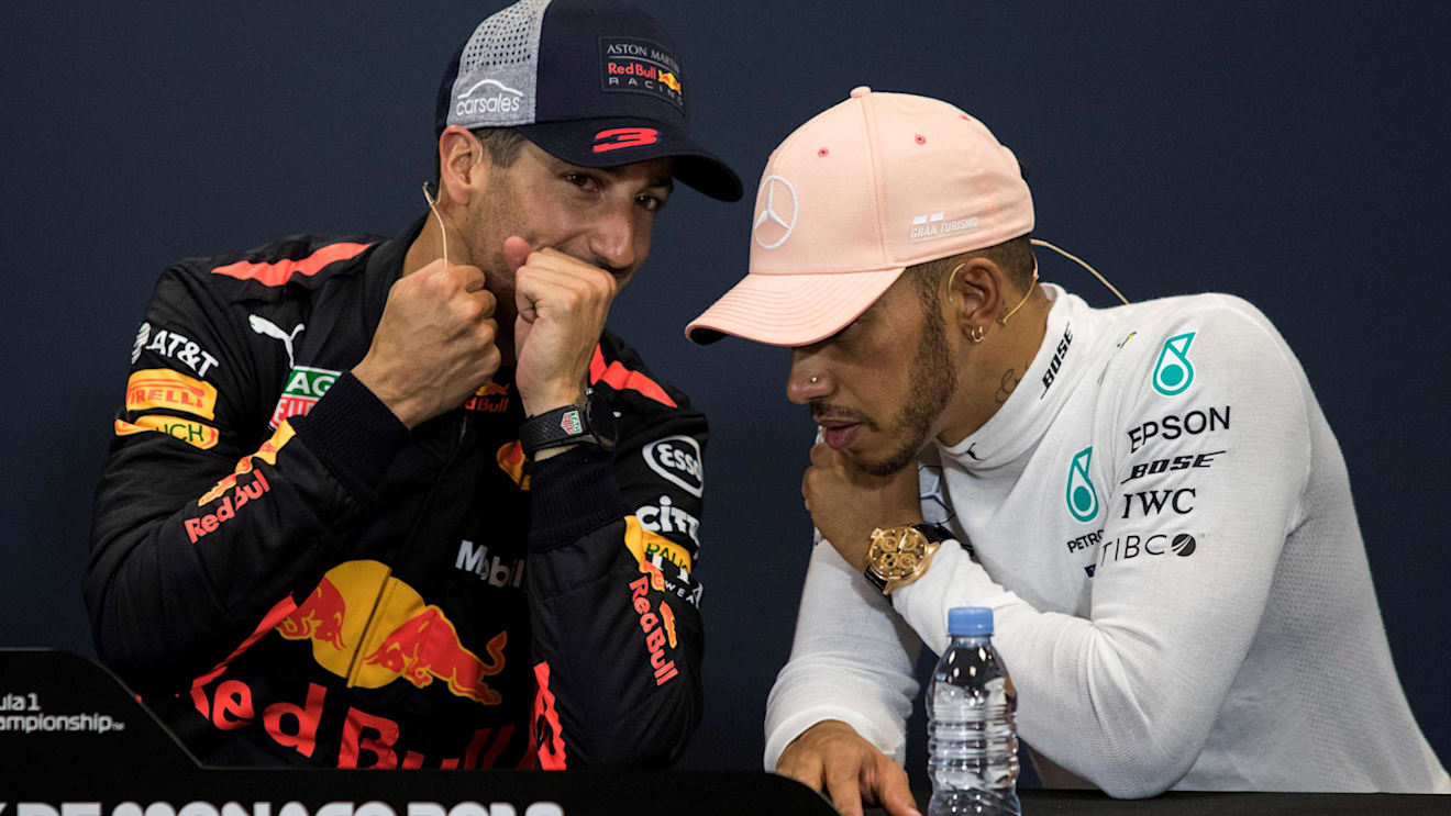Daniel Ricciardo (AUS) Red Bull Racing and Lewis Hamilton (GBR) Mercedes-AMG F1 in the Press Conference at Formula One World Championship, Rd6, Monaco Grand Prix, Race, Monte-Carlo, Monaco, Sunday 27 May 2018. © Manuel Goria/Sutton Images