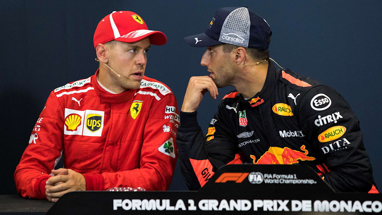 Sebastian Vettel (GER) Ferrari and Daniel Ricciardo (AUS) Red Bull Racing in the Press Conference at Formula One World Championship, Rd6, Monaco Grand Prix, Race, Monte-Carlo, Monaco, Sunday 27 May 2018. © Manuel Goria/Sutton Images