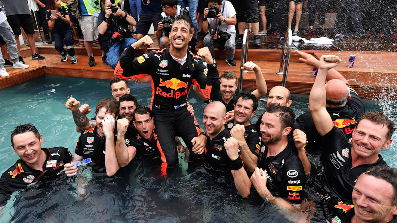 Race winner Daniel Ricciardo (AUS) Red Bull Racing celebrates with the team in the Red Bull Energy Station swimming pool at Formula One World Championship, Rd6, Monaco Grand Prix, Race, Monte-Carlo, Monaco, Sunday 27 May 2018. © Mark Sutton/Sutton Images