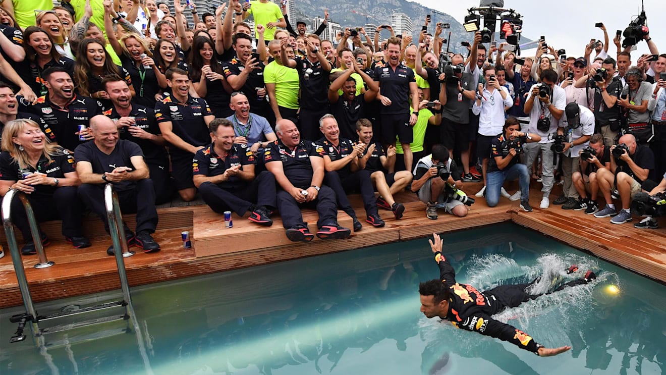 Race winner Daniel Ricciardo (AUS) Red Bull Racing celebrates in the Red Bull Energy Station swimming pool at Formula One World Championship, Rd6, Monaco Grand Prix, Race, Monte-Carlo, Monaco, Sunday 27 May 2018. © Mark Sutton/Sutton Images