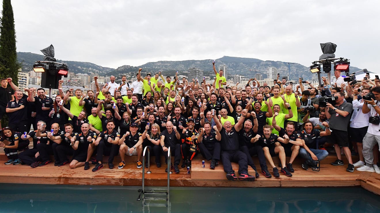 Daniel Ricciardo (AUS) Red Bull Racing and the team celebrate at the Red Bull Energy Station swimming pool at Formula One World Championship, Rd6, Monaco Grand Prix, Race, Monte-Carlo, Monaco, Sunday 27 May 2018. © Mark Sutton/Sutton Images