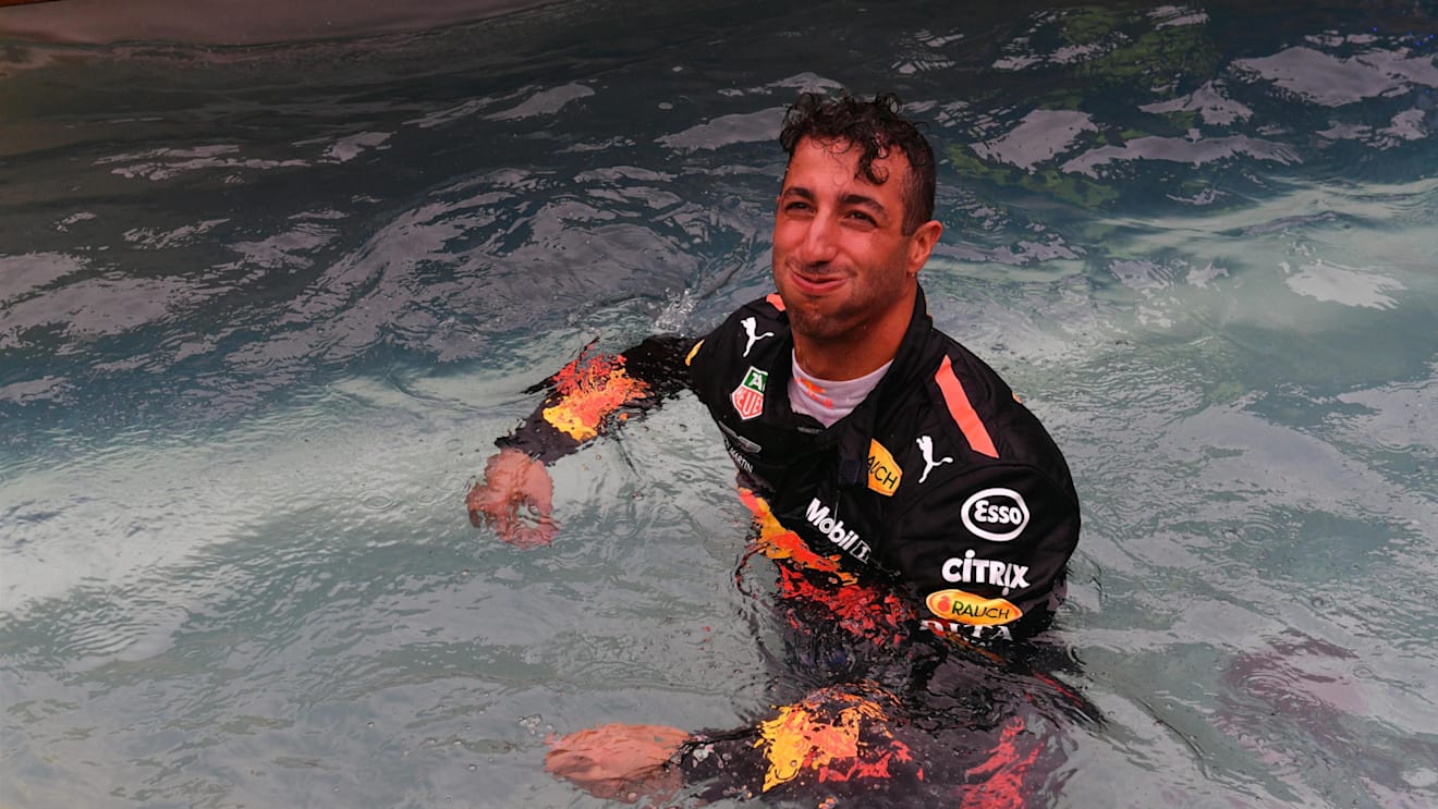 Race winner Daniel Ricciardo (AUS) Red Bull Racing celebrates in the Red Bull Racing Energy Station swimming pool at Formula One World Championship, Rd6, Monaco Grand Prix, Race, Monte-Carlo, Monaco, Sunday 27 May 2018. © Mark Sutton/Sutton Images