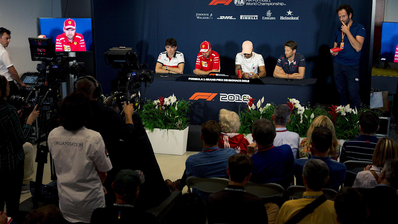 Charles Leclerc (MON) Alfa Romeo Sauber F1 Team, Sebastian Vettel (GER) Ferrari, Lewis Hamilton (GBR) Mercedes-AMG F1 and Romain Grosjean (FRA) Haas F1 in the Press Conference at Formula One World Championship, Rd6, Monaco Grand Prix, Preparations, Monte-