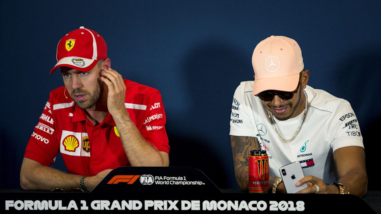 Sebastian Vettel (GER) Ferrari and Lewis Hamilton (GBR) Mercedes-AMG F1 in the Press Conference at Formula One World Championship, Rd6, Monaco Grand Prix, Preparations, Monte-Carlo, Monaco, Wednesday 23 May 2018. © Manuel Goria/Sutton Images
