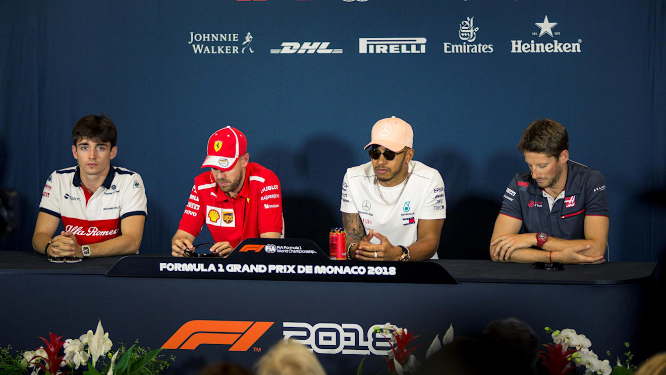 Charles Leclerc (MON) Alfa Romeo Sauber F1 Team, Sebastian Vettel (GER) Ferrari, Lewis Hamilton (GBR) Mercedes-AMG F1 and Romain Grosjean (FRA) Haas F1 in the Press Conference at Formula One World Championship, Rd6, Monaco Grand Prix, Preparations, Monte-Carlo, Monaco, Wednesday 23 May 2018. © Manuel Goria/Sutton Images