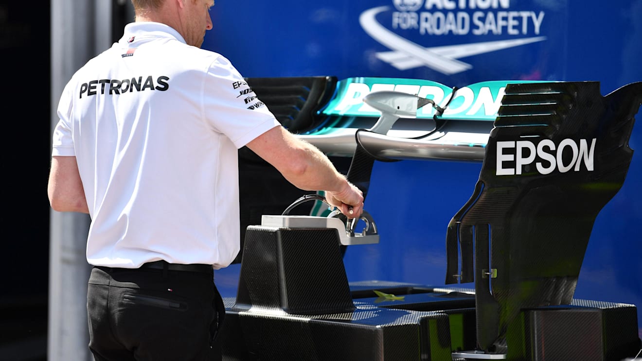Mercedes-AMG F1 W09 EQ Power+ rear wing at Formula One World Championship, Rd6, Monaco Grand Prix, Preparations, Monte-Carlo, Monaco, Wednesday 23 May 2018. © Mark Sutton/Sutton Images