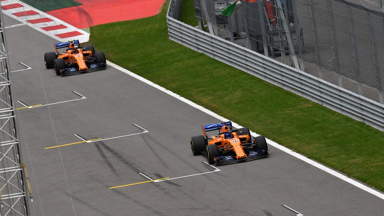 Fernando Alonso, McLaren MCL33 and Stoffel Vandoorne, McLaren MCL33 at Formula One World Championship, Rd16, Russian Grand Prix, Practice, Sochi Autodrom, Sochi, Krasnodar Krai, Russia, Friday 28 September 2018.