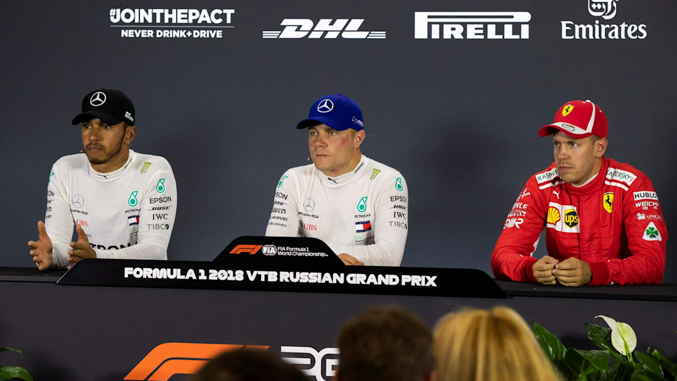 (L to R): Lewis Hamilton, Mercedes AMG F1, Valtteri Bottas, Mercedes AMG F1 and Sebastian Vettel, Ferrari in Press Conference at Formula One World Championship, Rd16, Russian Grand Prix, Qualifying, Sochi Autodrom, Sochi, Krasnodar Krai, Russia, Saturday 29 September 2018.