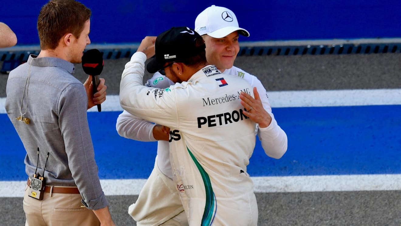 Valtteri Bottas, Mercedes AMG F1 and Lewis Hamilton, Mercedes AMG F1 celebrate in parc ferme at Formula One World Championship, Rd16, Russian Grand Prix, Qualifying, Sochi Autodrom, Sochi, Krasnodar Krai, Russia, Saturday 29 September 2018.