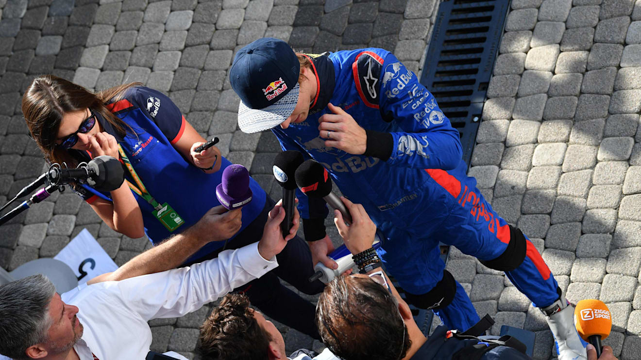 Brendon Hartley, Scuderia Toro Rosso talks with the media at Formula One World Championship, Rd16, Russian Grand Prix, Qualifying, Sochi Autodrom, Sochi, Krasnodar Krai, Russia, Saturday 29 September 2018.